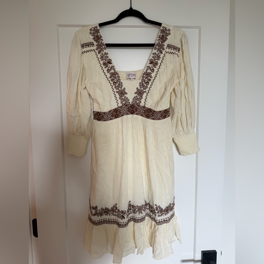 Shyanne Cream Dress with Brown Embroidered Detail